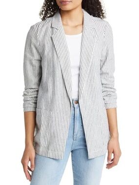 Caslon | Open Front Stripe Linen Blend Blazer - Neutral Chic Coastal Layering